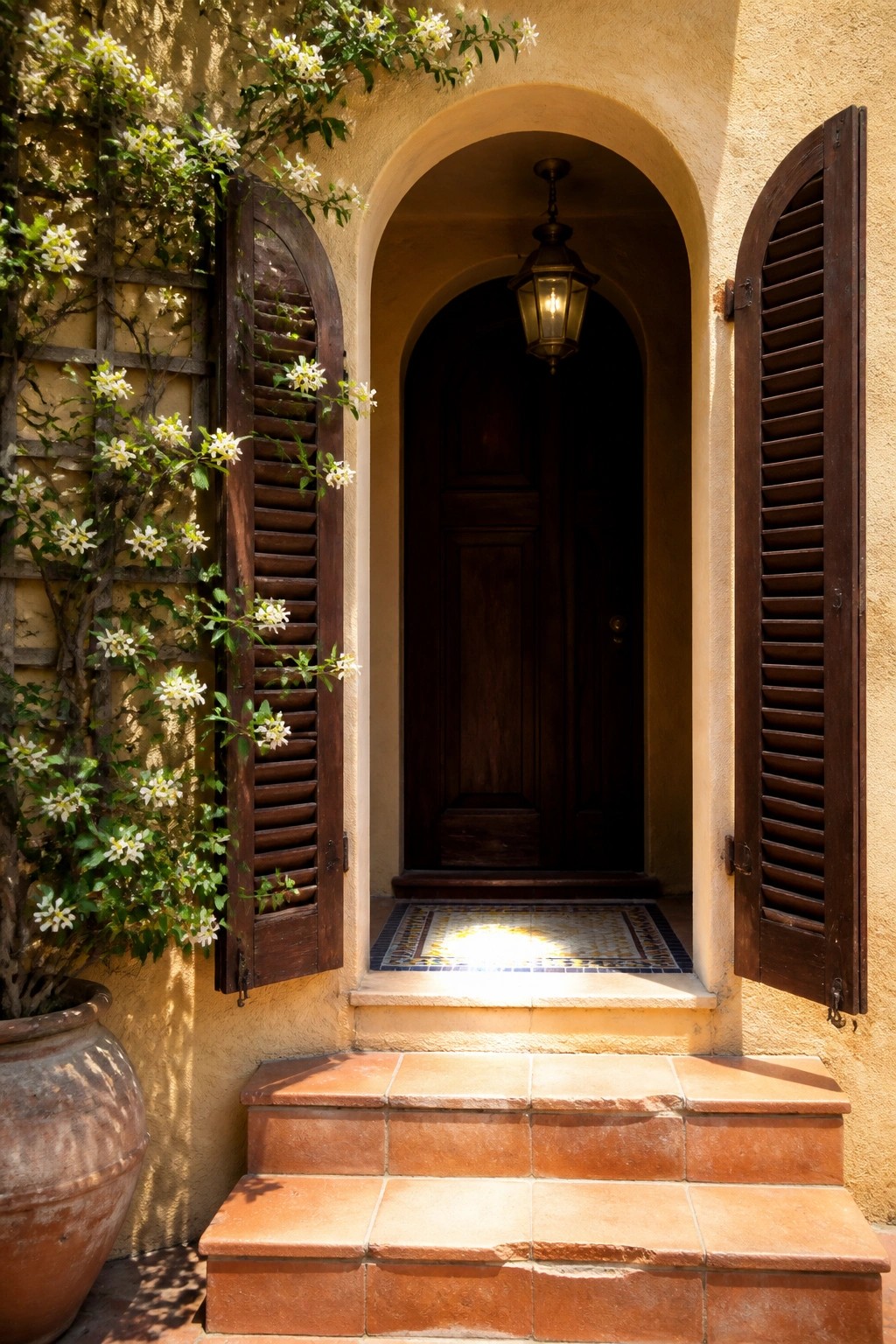 A stucco house entrance with an arched doorway, open dark wooden shutters on both sides, terracotta steps, and a hanging lantern above a dark wooden door.