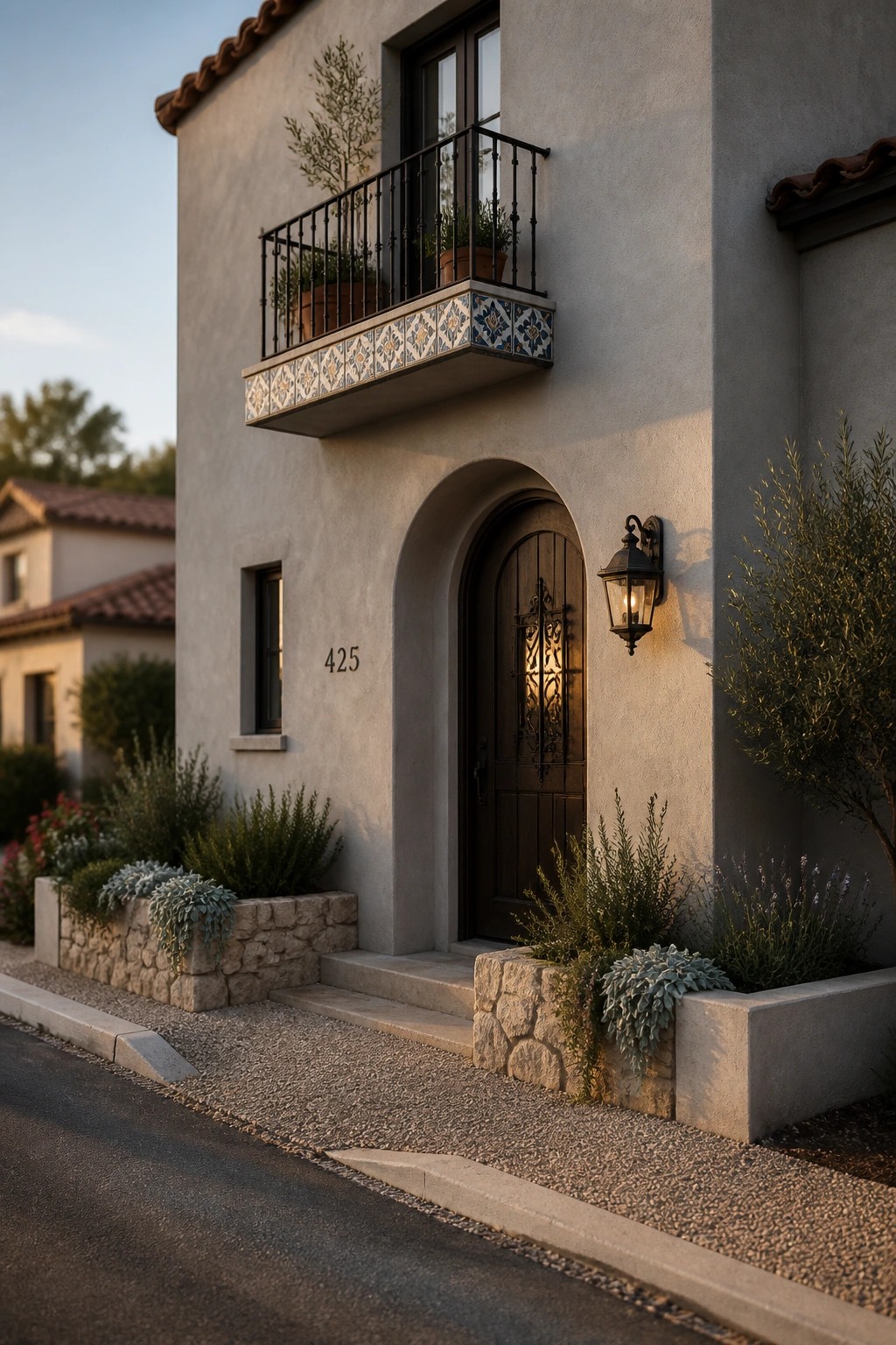 A light stucco house exterior with an arched wooden door, a small balcony trimmed in decorative tile, and low stone planters along the front walk.