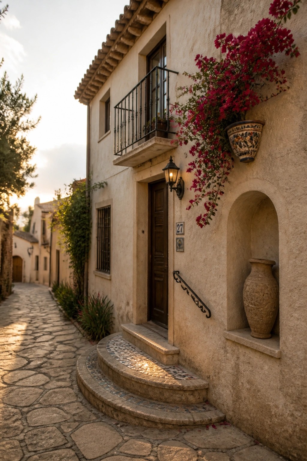 A Mediterranean house exterior with light stucco walls, a dark wooden door, curved stone steps, and an arched niche holding a large ceramic vase beside cascading pink flowers.