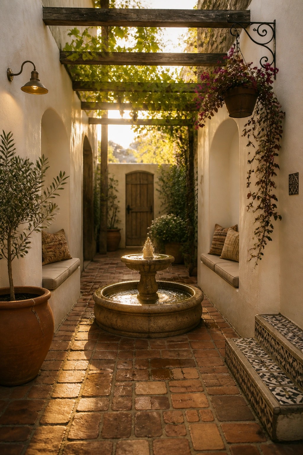 A narrow Mediterranean courtyard with white stucco walls, arched wall niches holding cushioned benches, a central stone fountain on brick paving, and a wooden pergola above.