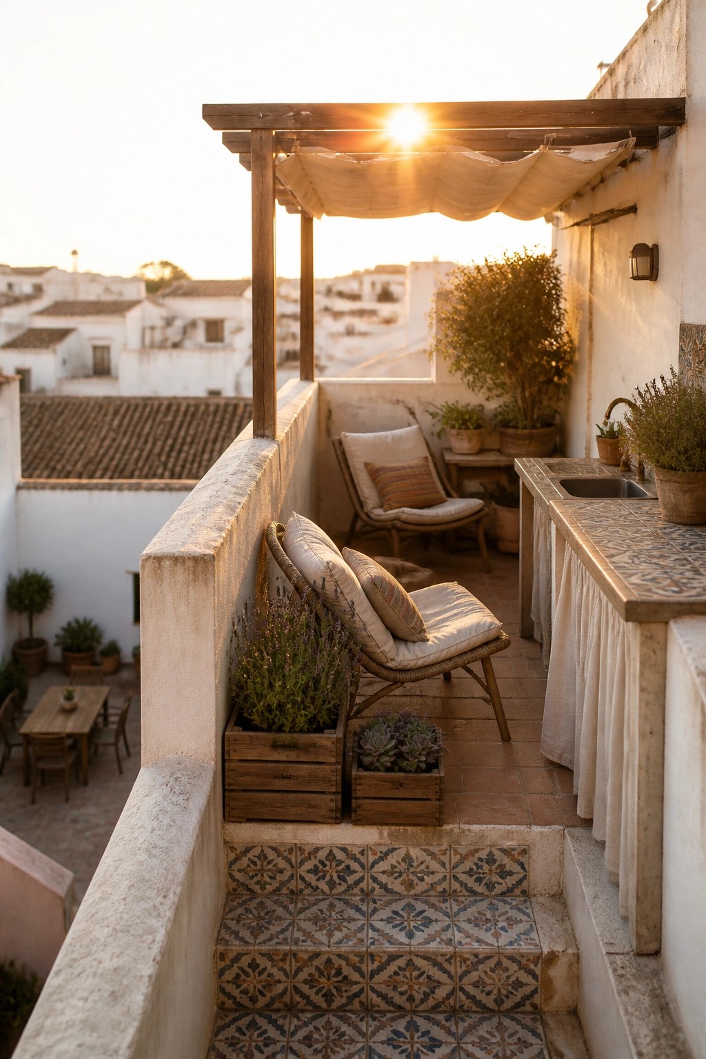 A stucco terrace with a wooden pergola draped in light fabric, wicker seating, potted plants, a tiled counter with sink, and patterned steps leading down.