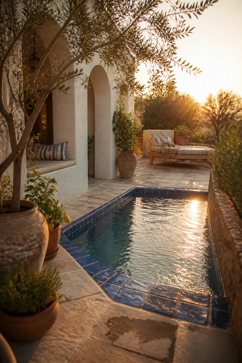 Sunlit plunge pool with blue tiles amid white arches, potted olive trees, and stone patio