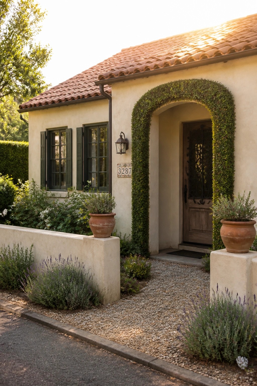 A small stucco house with a terracotta roof features an arched entry covered in green vines, a wooden door with iron details, two potted plants on pillars, and a gravel path leading to the entrance.