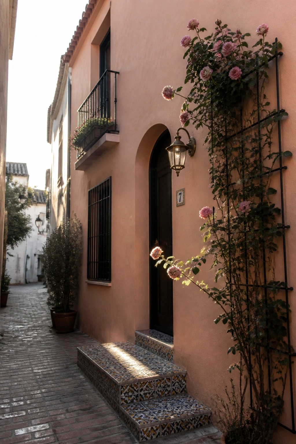 A peach stucco house exterior features an arched dark door with tiled steps, a wall lantern, a small balcony, and pink roses growing on a black metal trellis to the right of the entrance.