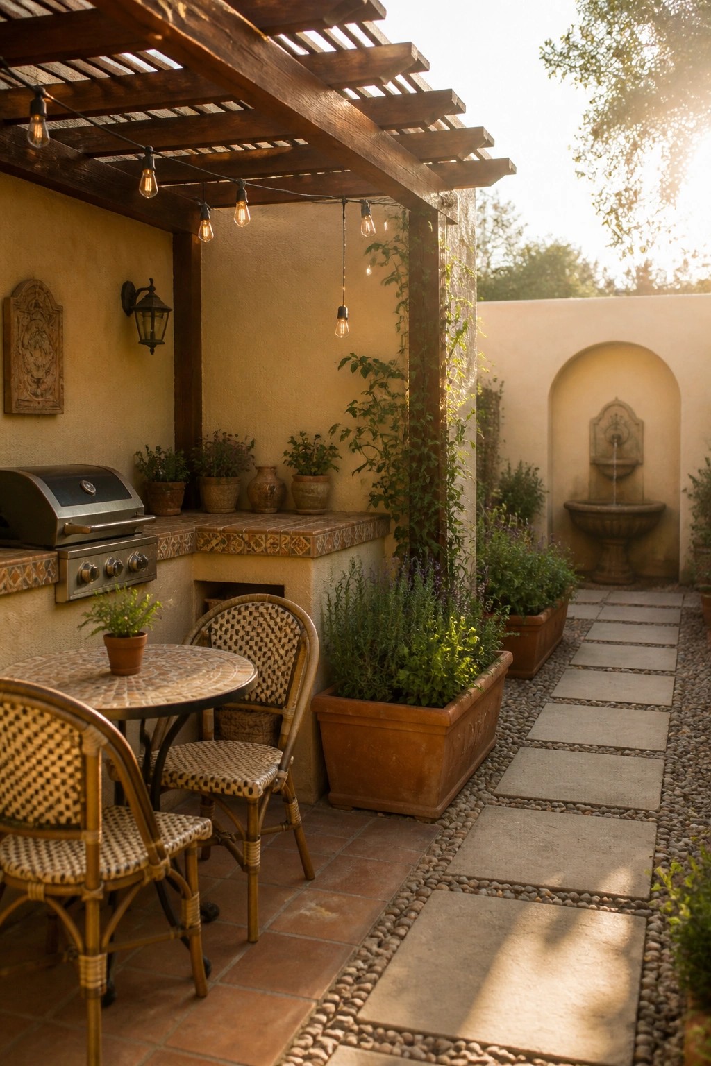 A stucco-walled patio with a wooden pergola strung with lights, a tiled table and wicker chairs, potted plants, and a stone fountain visible in the background.