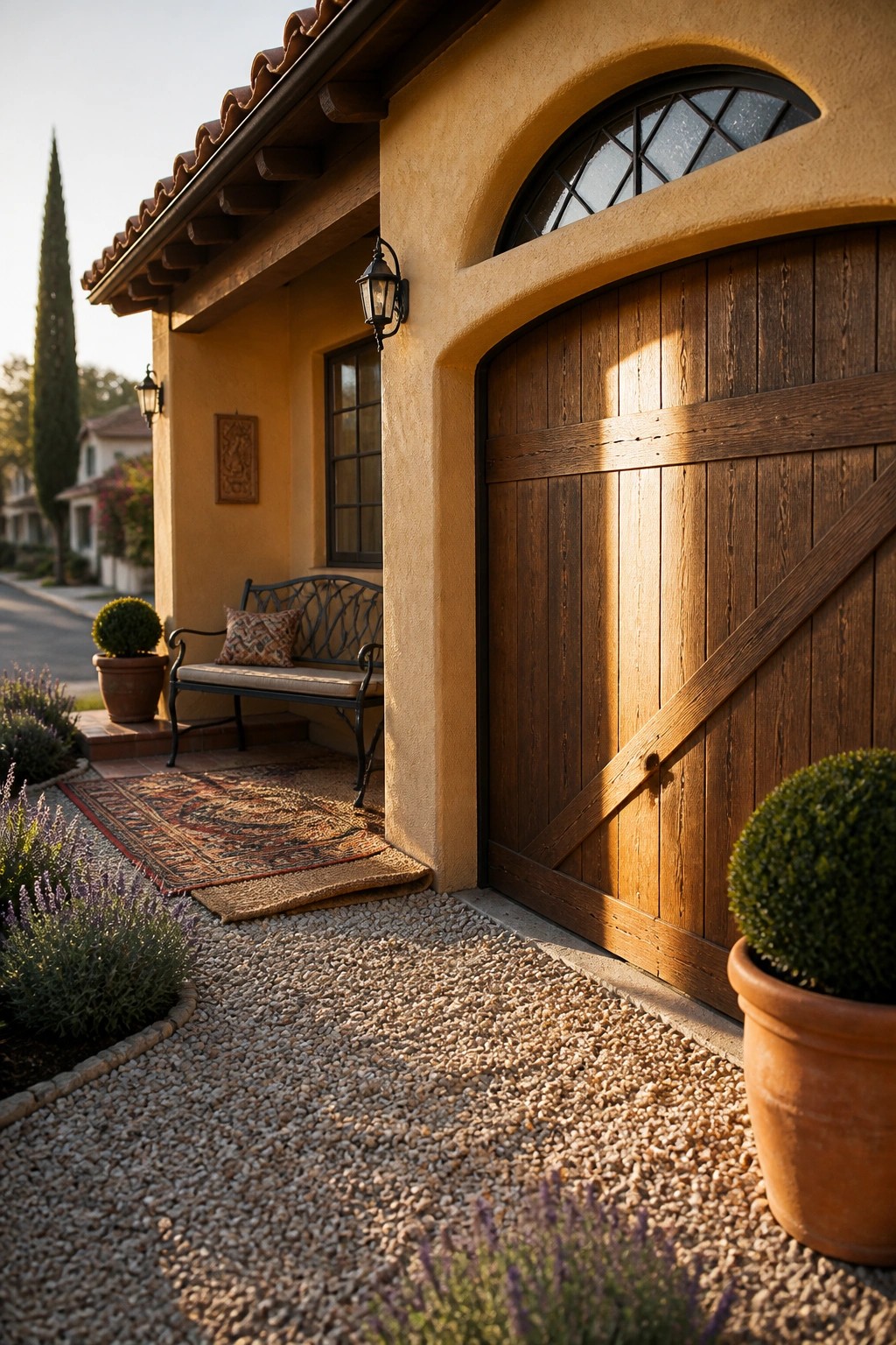 A house with warm yellow stucco walls and a large wooden garage door that has an arched window above it, along with gravel landscaping and potted plants in front.