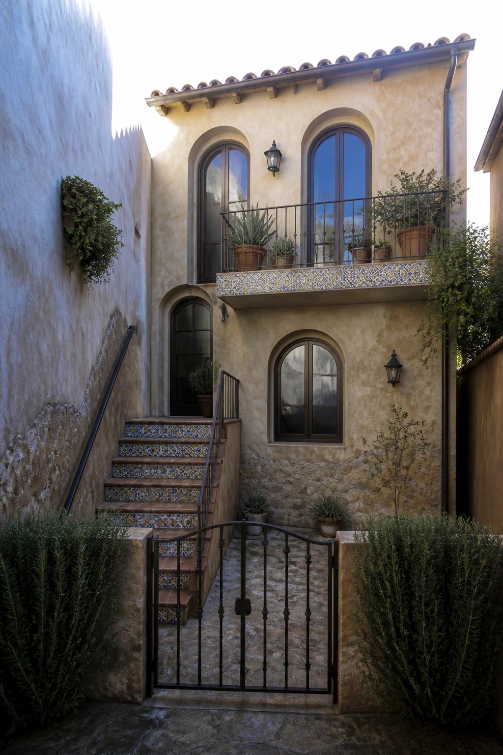 Mediterranean stucco home with arched windows, tiled stairs, and iron gate