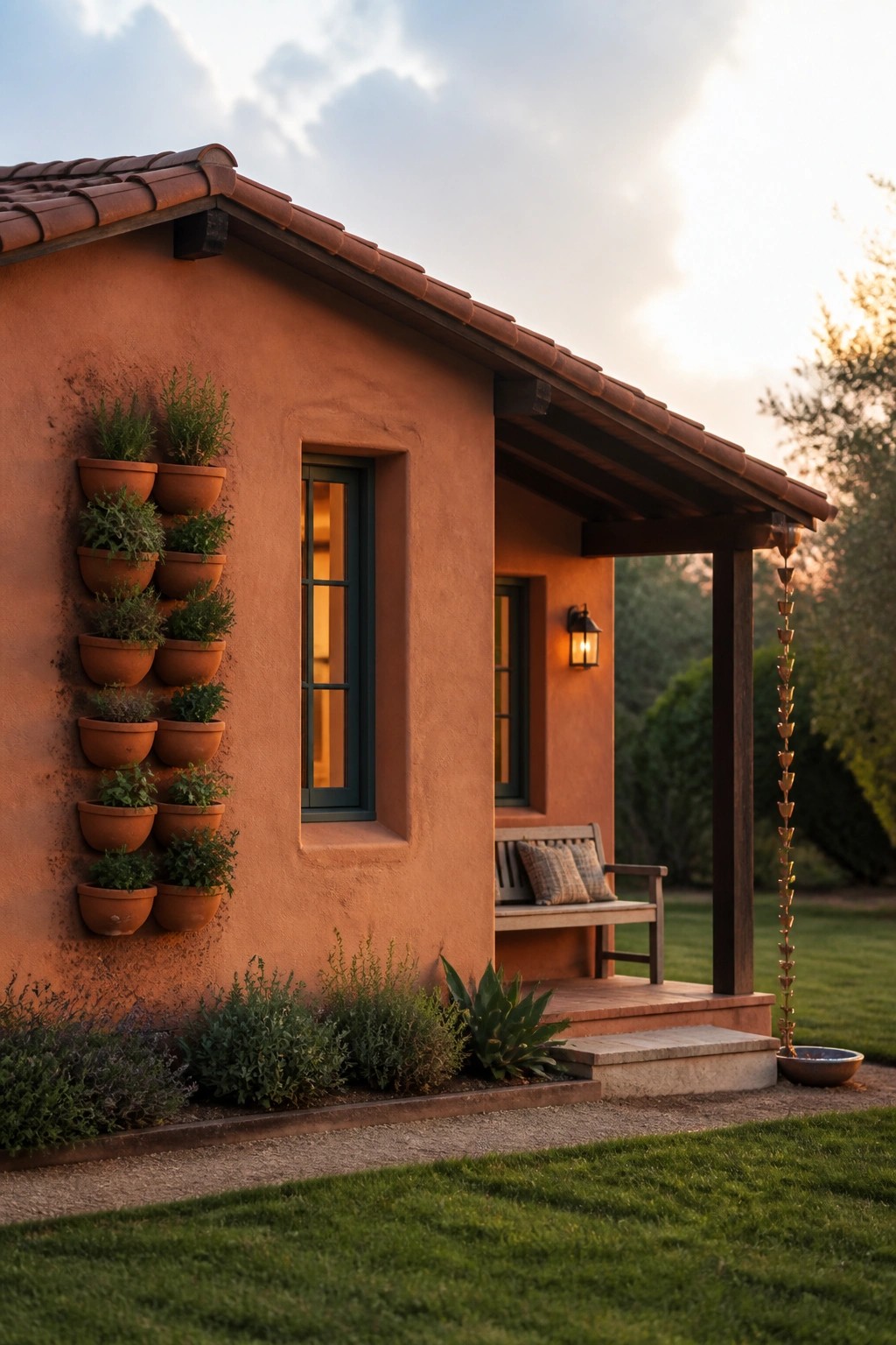 Terracotta house with potted plants on wall, porch bench, and rain chain at dusk.