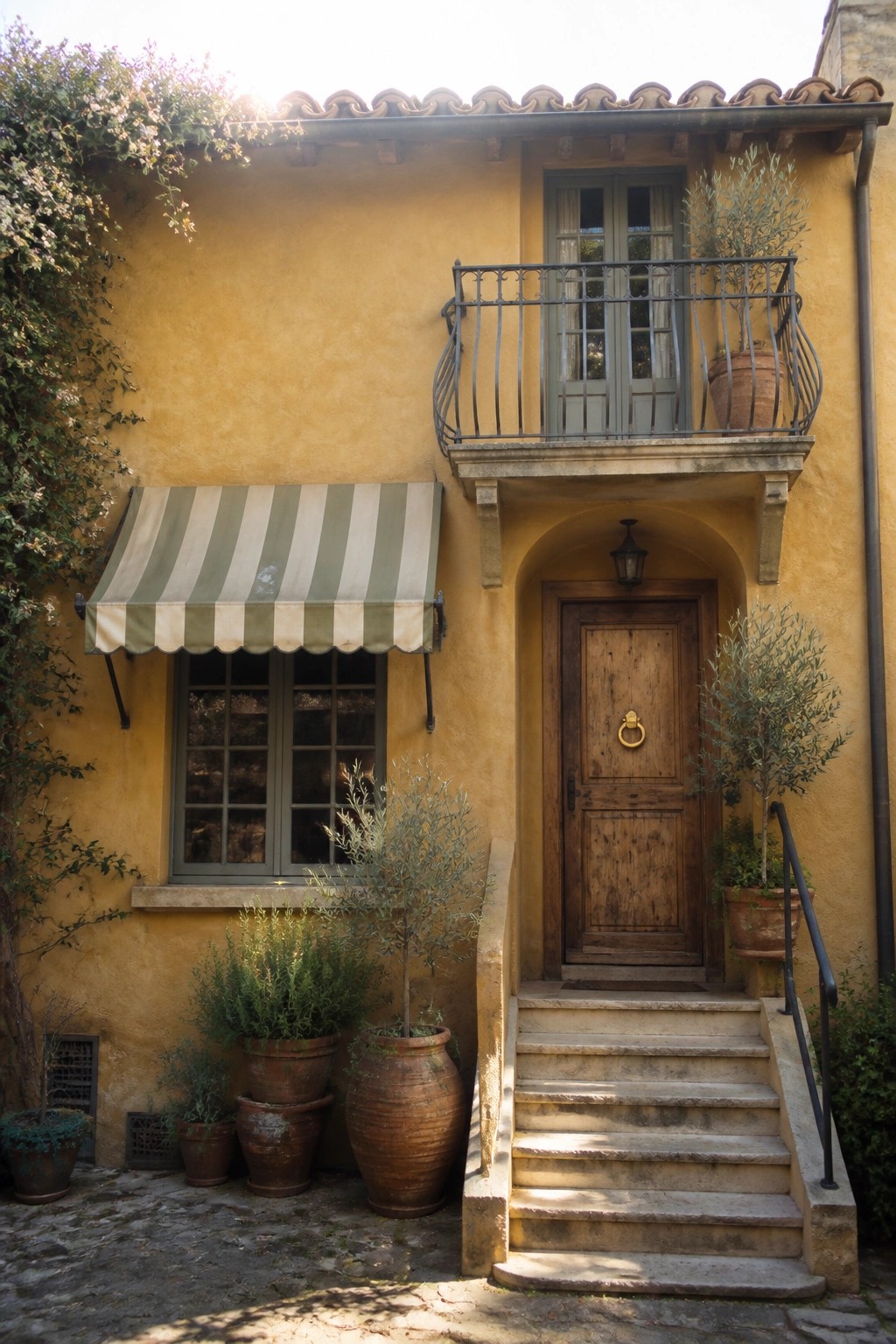 A small house with yellow stucco walls, a wooden door under an arch, a small balcony above, and potted plants near the steps.