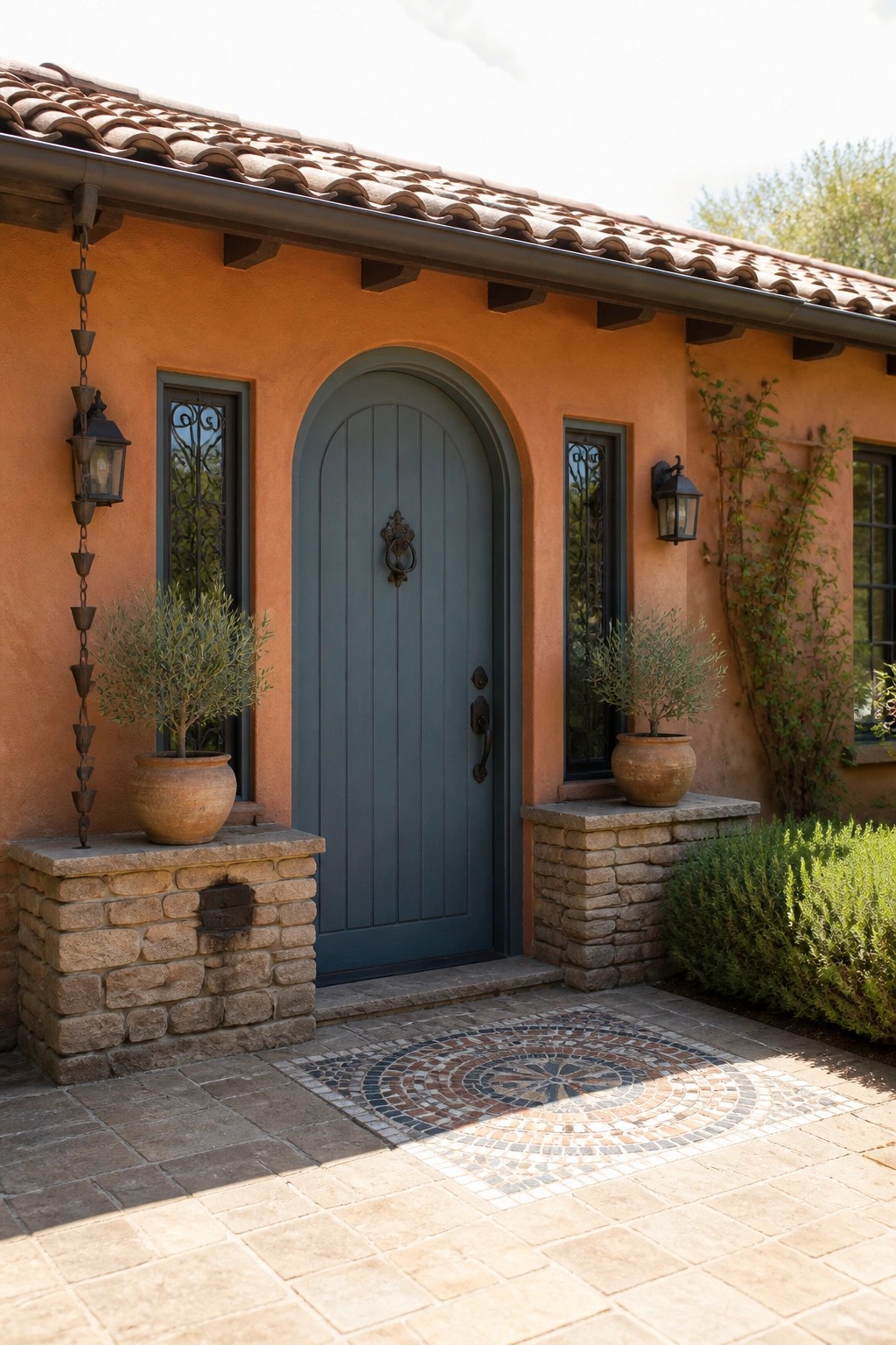 Orange stucco entry with blue arched door, stone planters, mosaic patio.