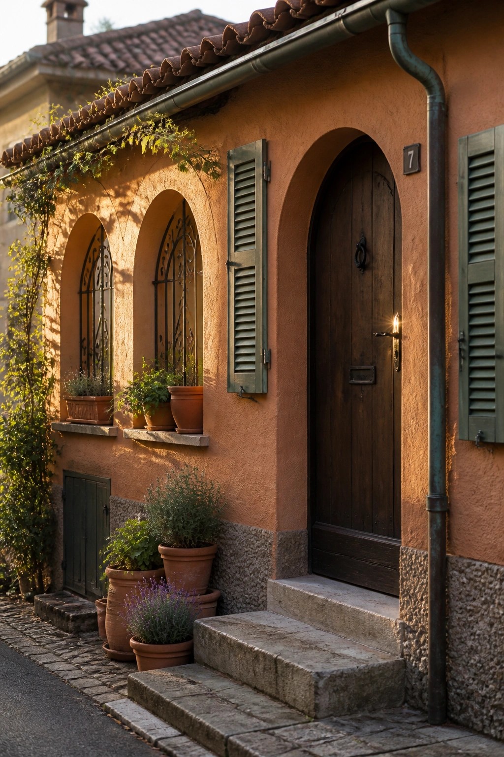A small Mediterranean cottage exterior with peach stucco walls, an arched wooden front door, arched windows with green shutters, and potted plants along stone steps.