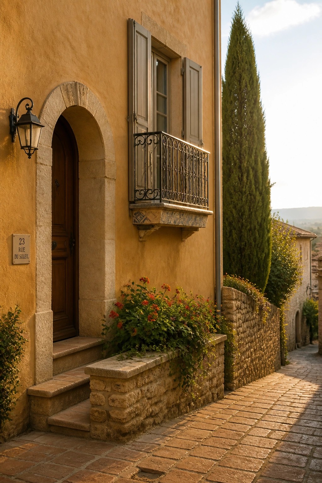 A Mediterranean house exterior with an arched wooden door in a stone surround, a small iron balcony above, and a stone planter with flowers along a cobblestone street.