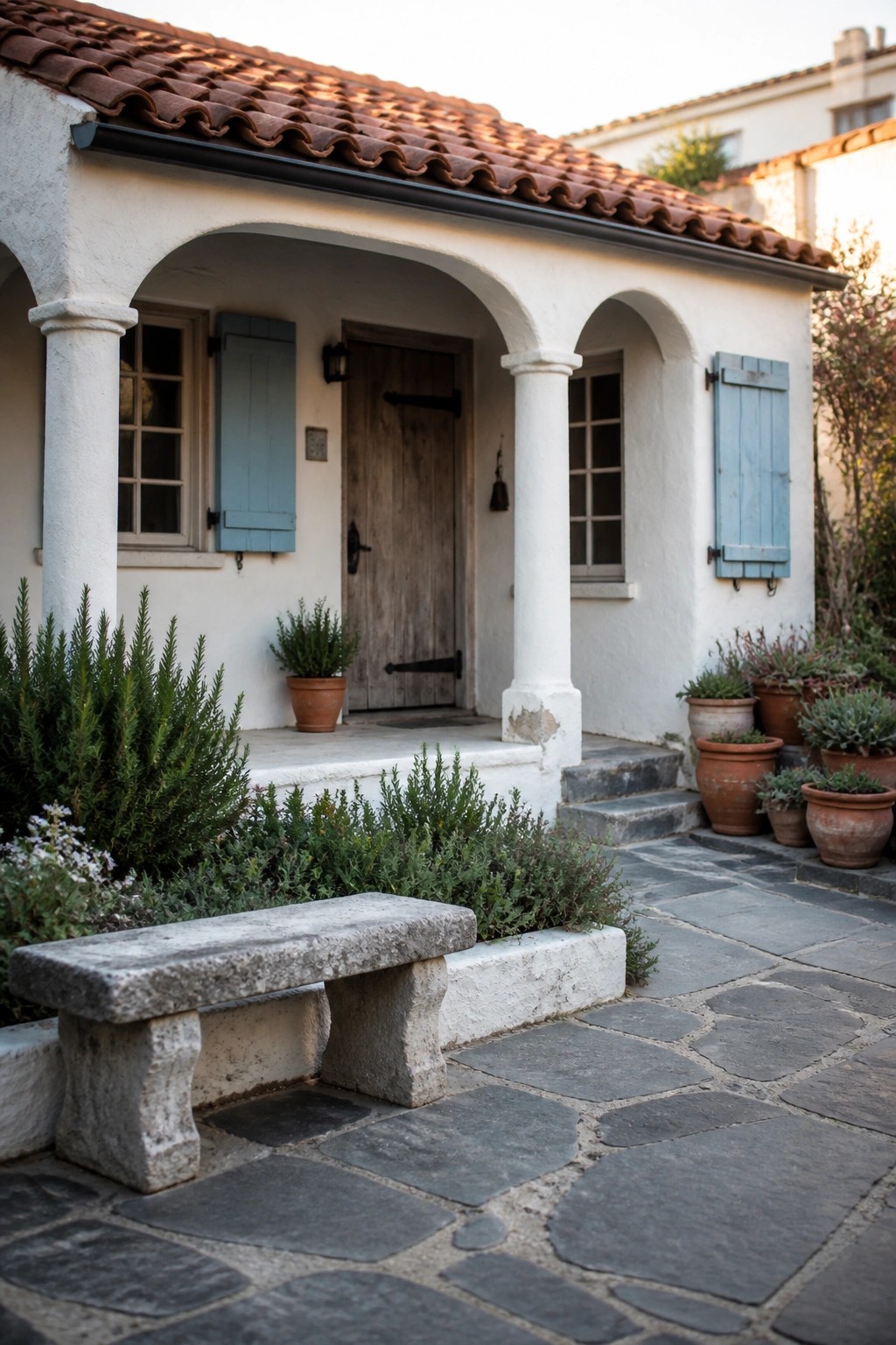 A small white stucco cottage with a terracotta roof features an arched entry porch with white columns, a wooden door, blue shutters, and stone paving in front.