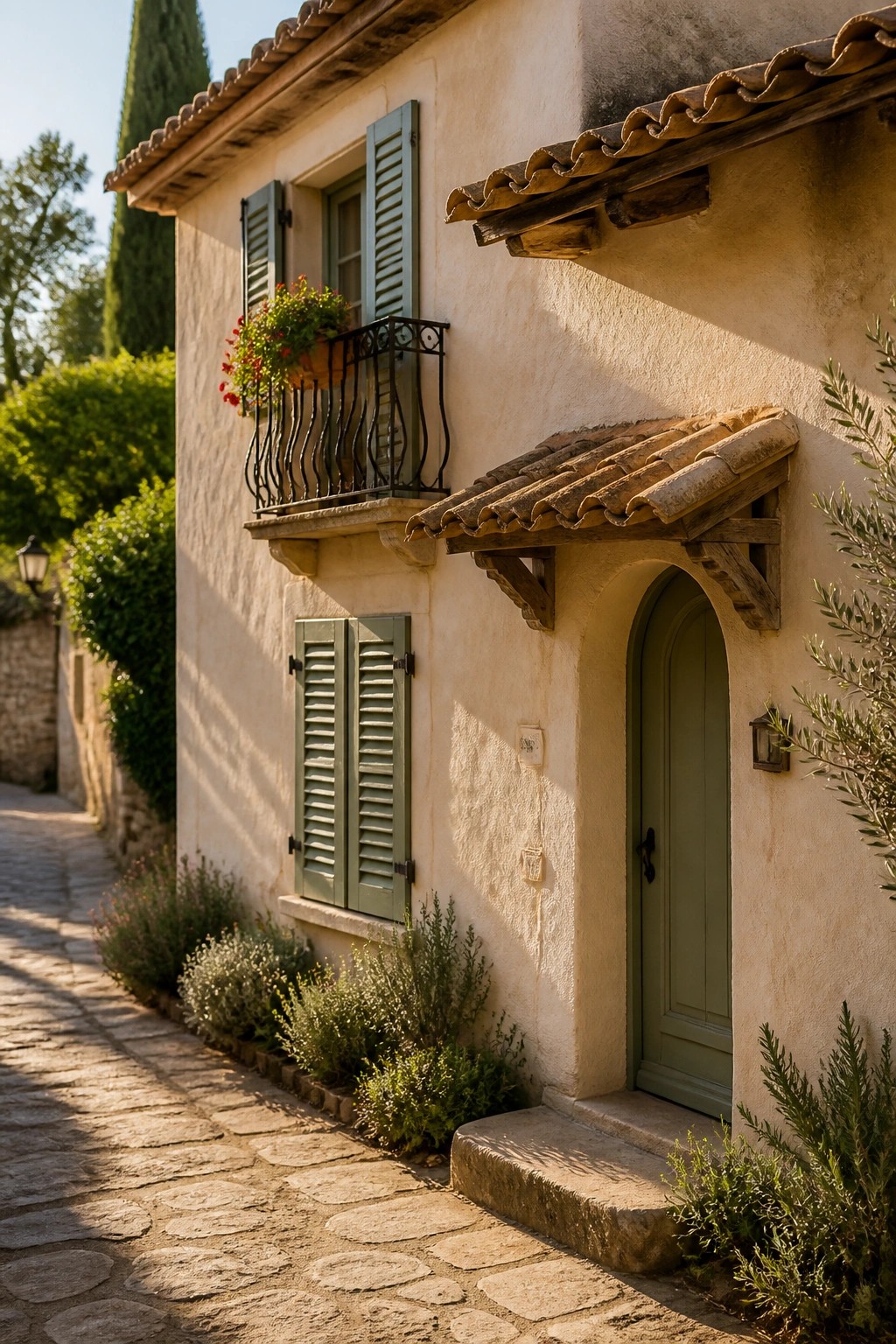 A small stucco cottage exterior with a green arched door under a tiled canopy, green shutters on the windows, a balcony with red flowers, and a cobblestone path leading to the entrance.