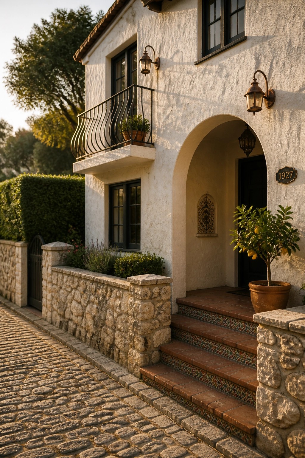 A white stucco house with a dark arched entry, tiled steps, a small balcony, and a stone wall along a cobblestone street.