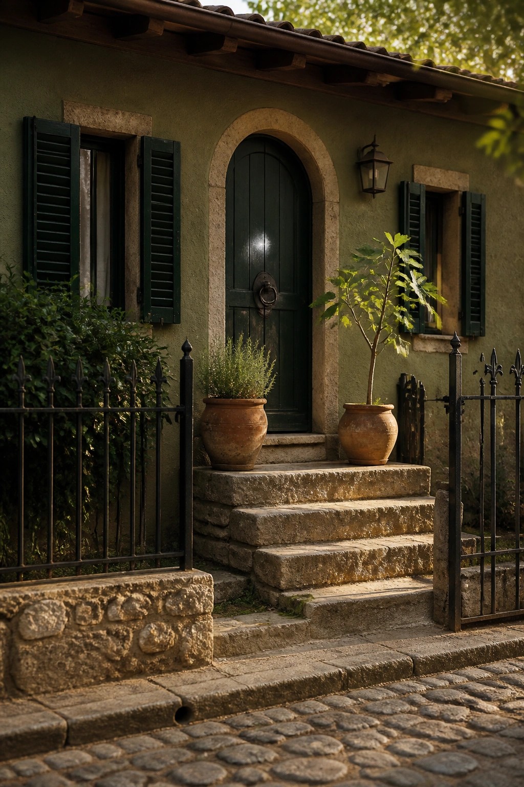 A green stucco cottage exterior with an arched dark green door, stone steps flanked by two terracotta pots, and black metal fencing along a cobblestone path.