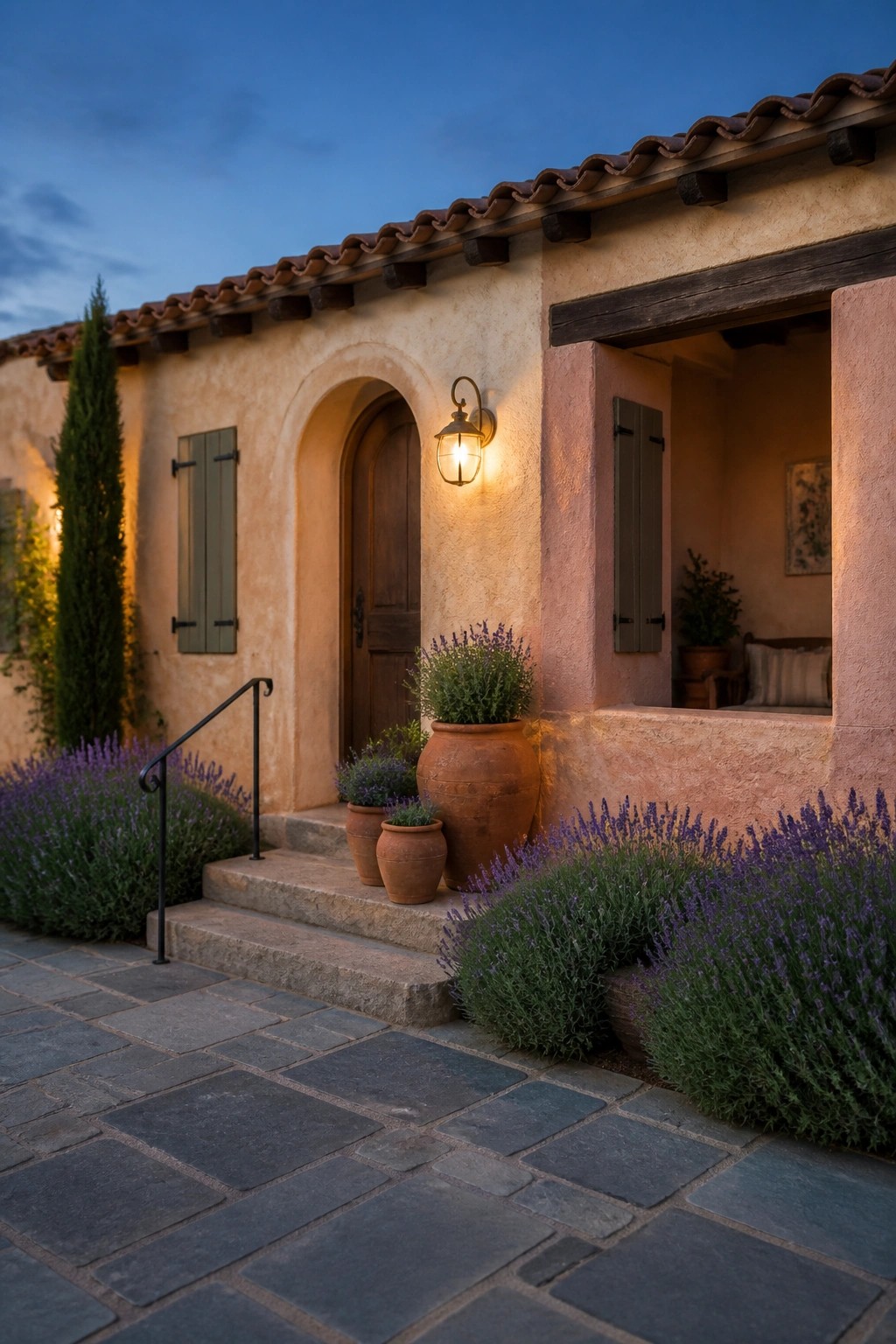 A small Mediterranean cottage exterior with a stucco facade, arched wooden door, lit wall sconce, and terracotta pots with lavender on the steps.