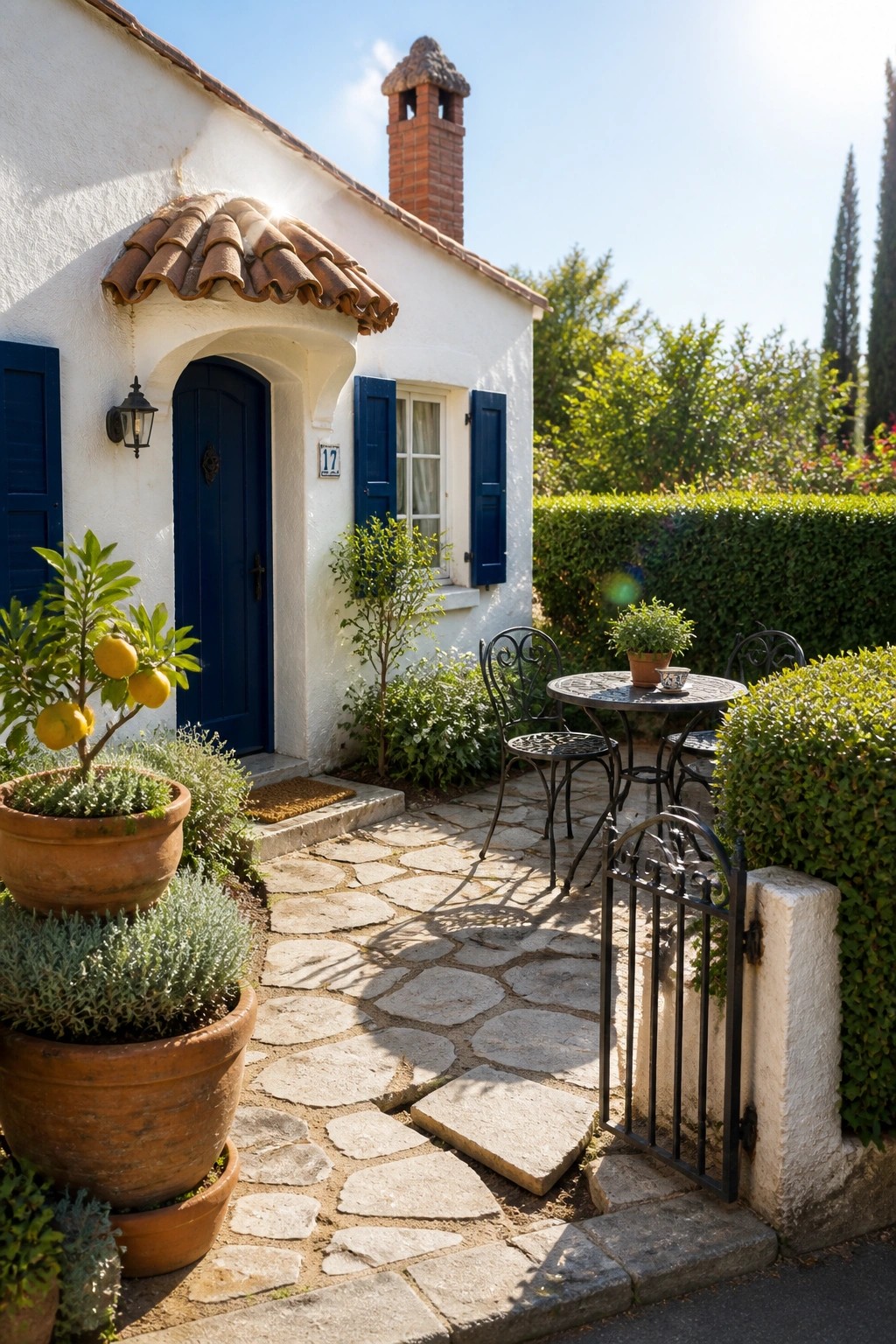 A small white stucco cottage with a blue door, blue shutters, terracotta roof tiles over the entry, and a stone path with potted plants.