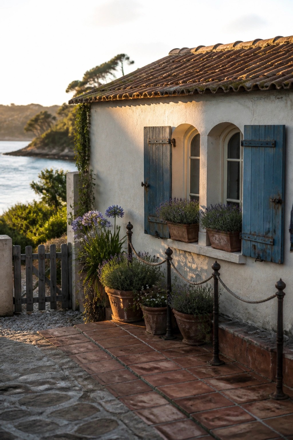 Rustic white cottage with blue shutters, lavender pots, and sea view at sunset
