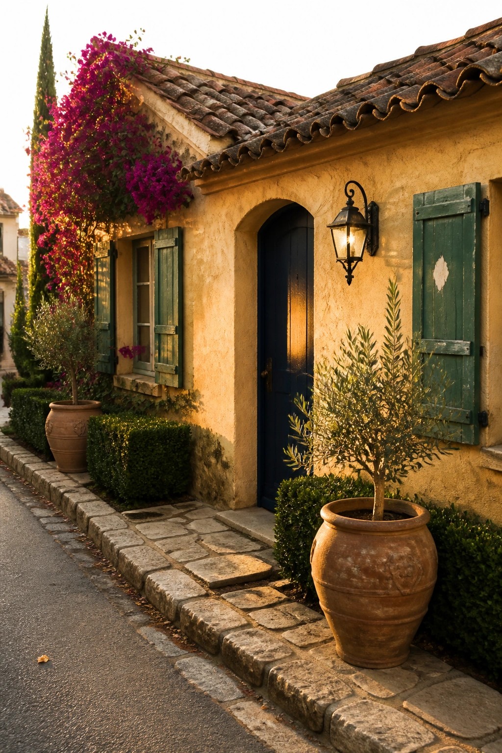 A small Mediterranean cottage with yellow stucco walls, a blue arched door, green shutters, magenta bougainvillea climbing over the tiled roof, and terracotta pots with olive trees along a stone walkway.