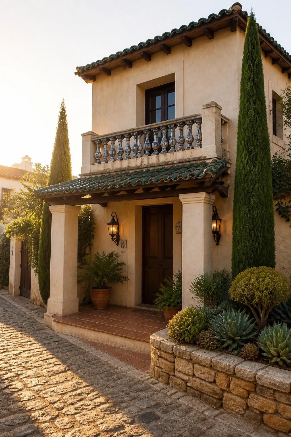 Mediterranean house with ornate balcony, wooden door, lanterns, and garden plants