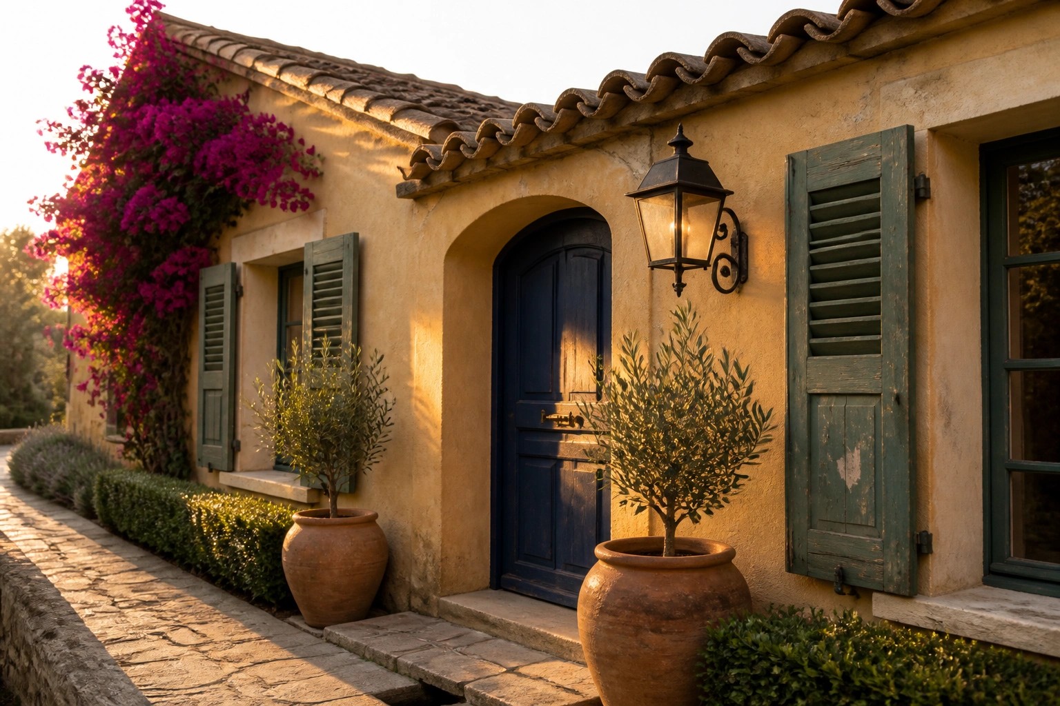 A small Mediterranean cottage with yellow stucco walls, a blue arched door, green shutters, magenta bougainvillea climbing over the tiled roof, and terracotta pots with olive trees along a stone walkway.