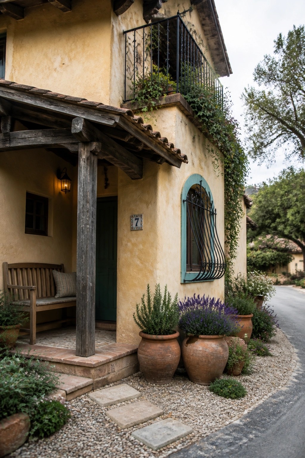 A small stucco cottage exterior with a wooden porch, green door, arched window, and several large terracotta pots with plants arranged along the front.