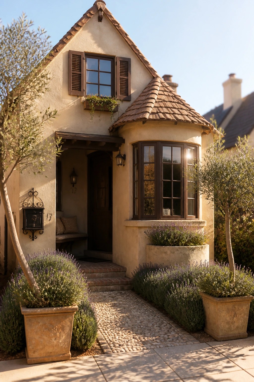 A small stucco cottage exterior with a recessed wooden door, built-in bench, black mailbox, and potted lavender plants beside a cobblestone path.