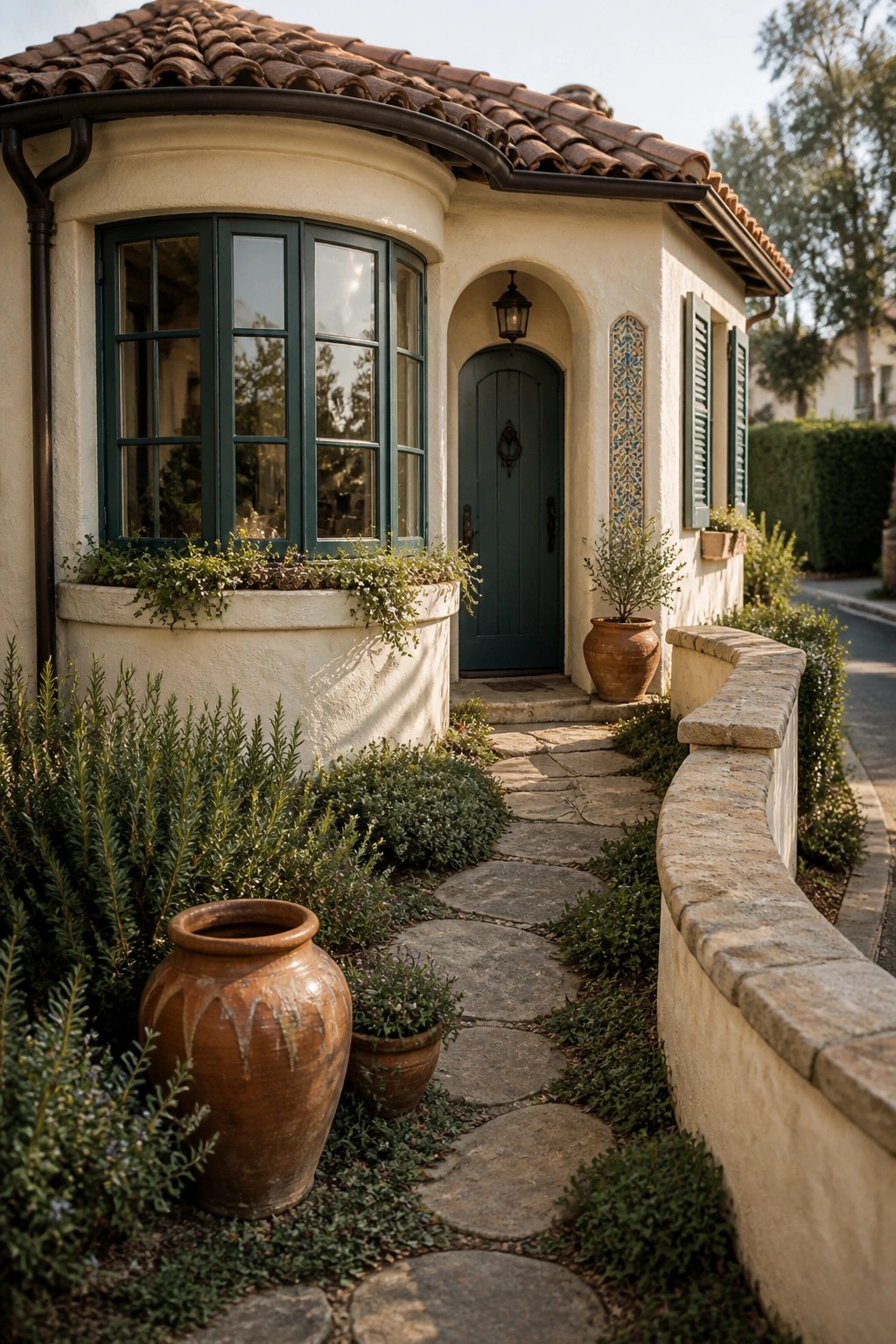 A small stucco Mediterranean cottage with a curved window bay on the left, an arched teal door, terracotta roof tiles, and a stone path bordered by potted plants and greenery.
