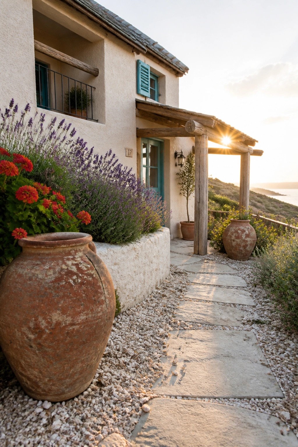 A small white Mediterranean cottage with teal shutters, a wooden pergola, a stone slab path on gravel, and large terracotta pots filled with lavender and red flowers.