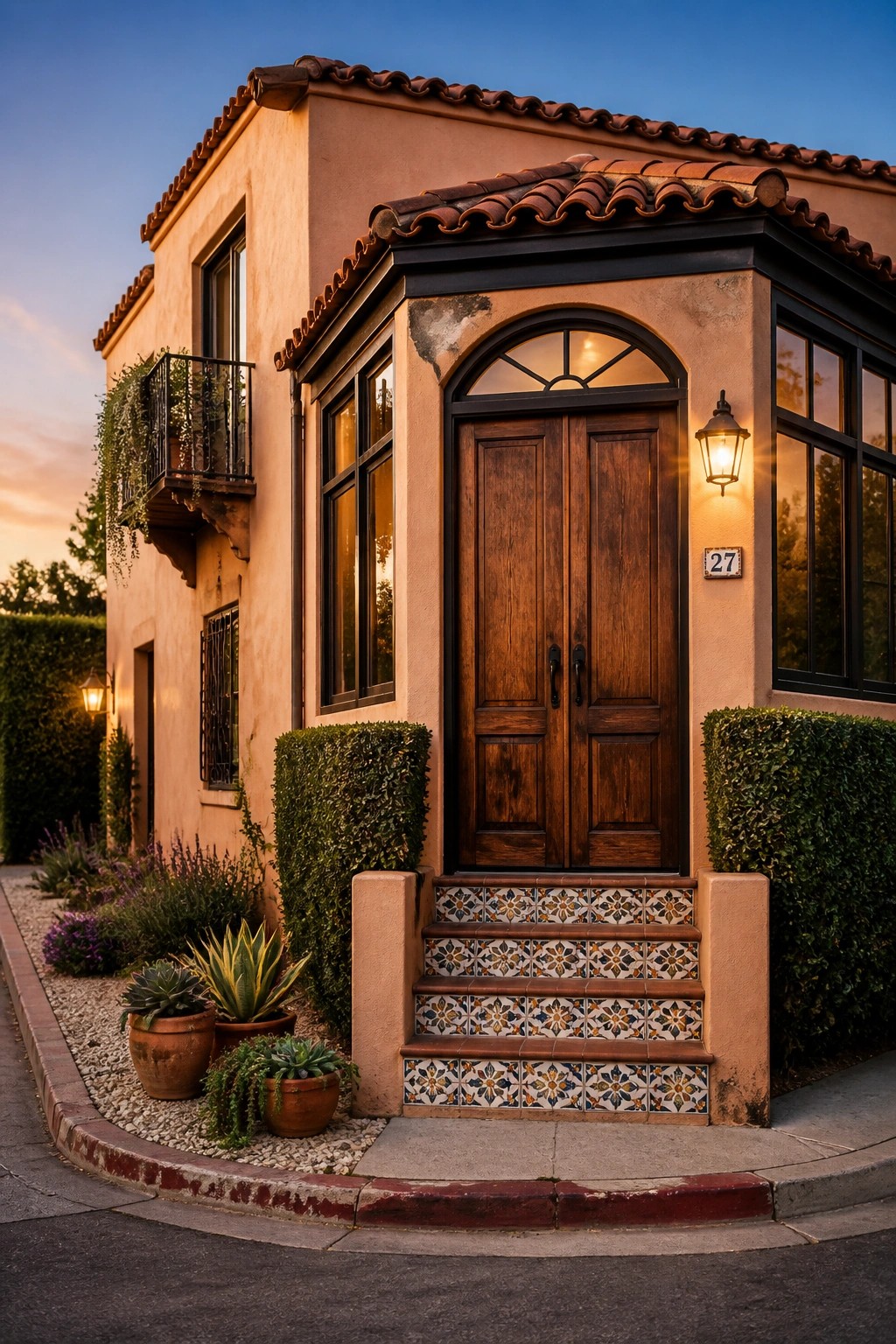 Spanish-style stucco home with wooden double doors, tiled steps, and potted plants at dusk
