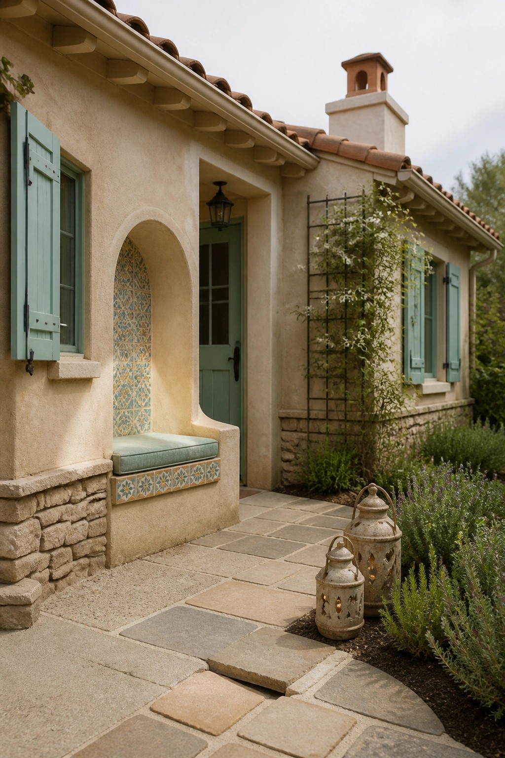A Mediterranean cottage exterior with a stone pathway, arched tiled niche containing a bench, light green door, and two weathered lanterns near the entrance.
