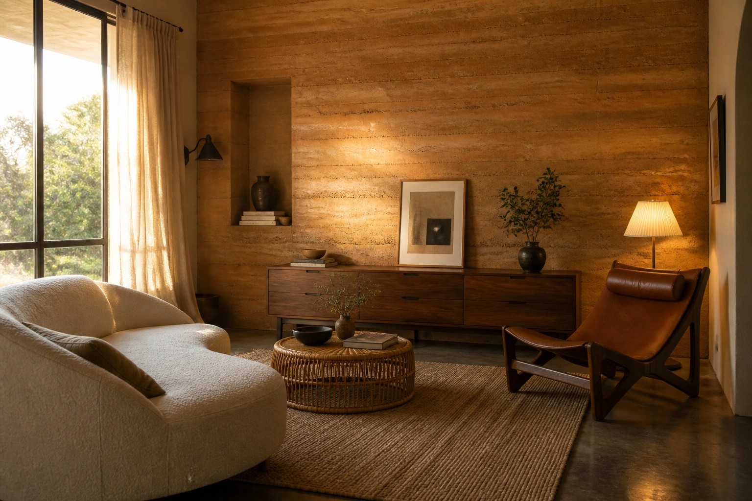 A living room with a large rammed earth accent wall, wooden media console, framed artwork, wall sconce, and rattan coffee table on a woven rug.