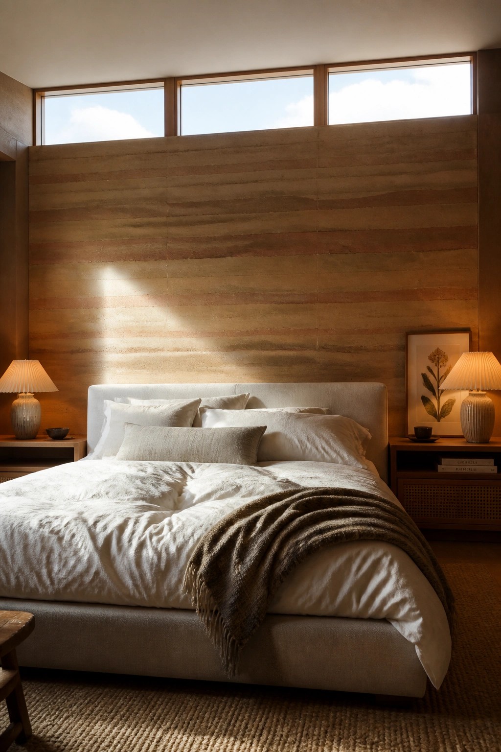 A bedroom with a large rammed earth accent wall behind a bed dressed in white linens, flanked by two wooden nightstands with lamps.