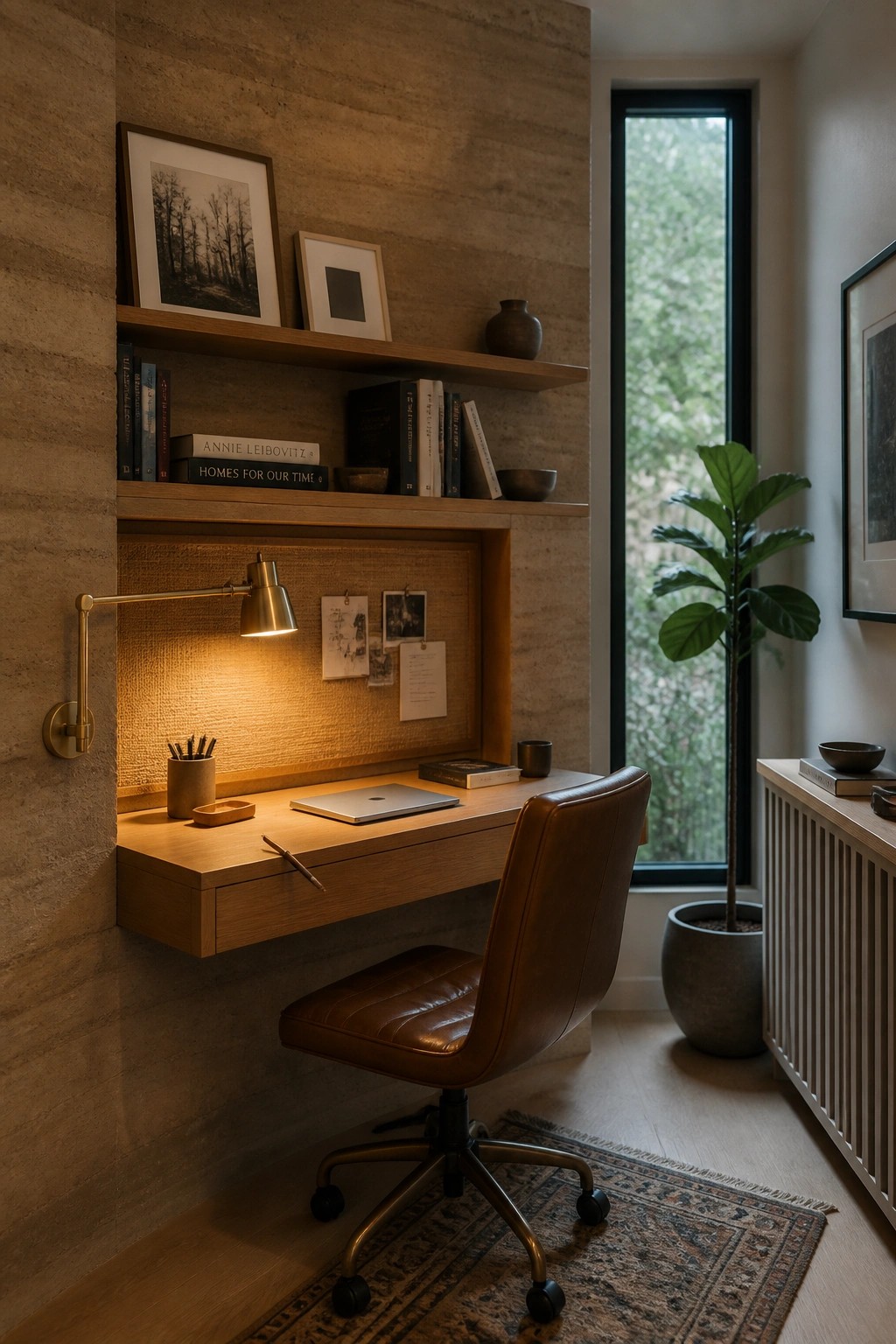 A floating wooden desk is built into a recessed section of a rammed earth wall, with upper shelves, a lit task lamp, and a brown leather office chair in front.