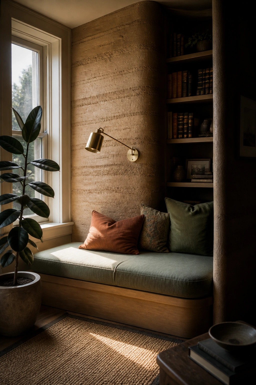 Interior corner with a built-in bench and cushions set against a textured rammed earth wall, a brass sconce above, a window to the left with a potted plant, and bookshelves to the right.