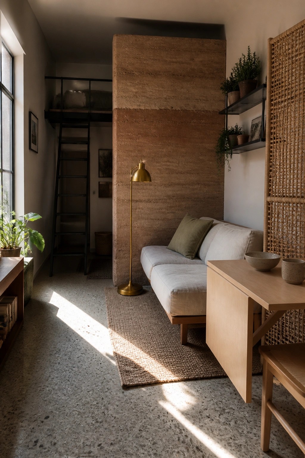 A modern living space featuring a tall rammed earth wall, a light sofa with green pillows, a brass floor lamp, and a ladder leading to a loft above.