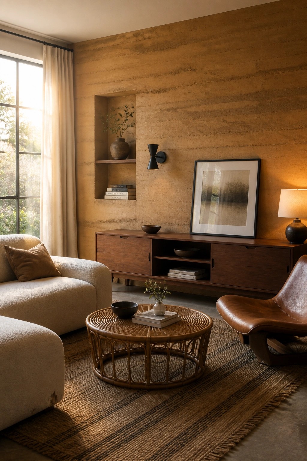 A living room with a large rammed earth accent wall, wooden media console, framed artwork, wall sconce, and rattan coffee table on a woven rug.