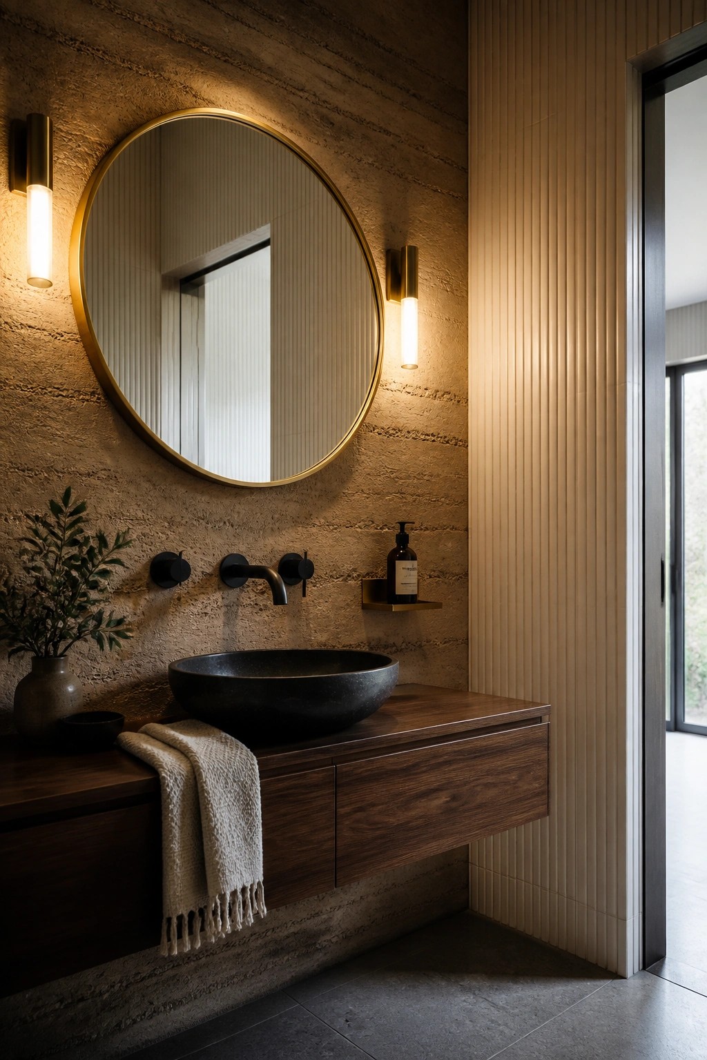 A modern bathroom with textured rammed earth walls, a floating wood vanity holding a black stone vessel sink, a round gold-framed mirror, and two vertical wall sconces.