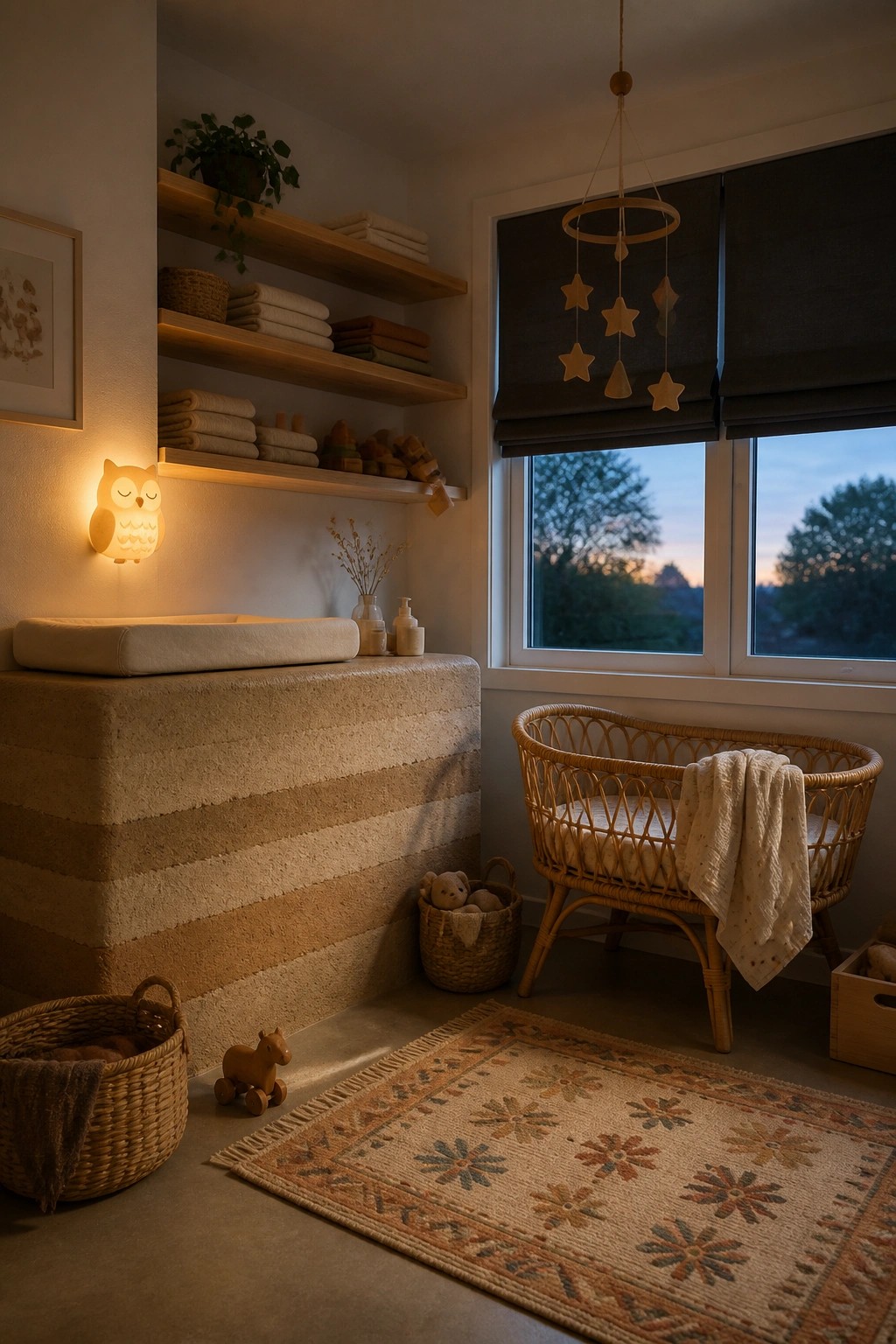 A nursery interior with a horizontal striped rammed earth wall, wooden floating shelves, a changing table, a rattan bassinet, and woven baskets on a patterned rug.