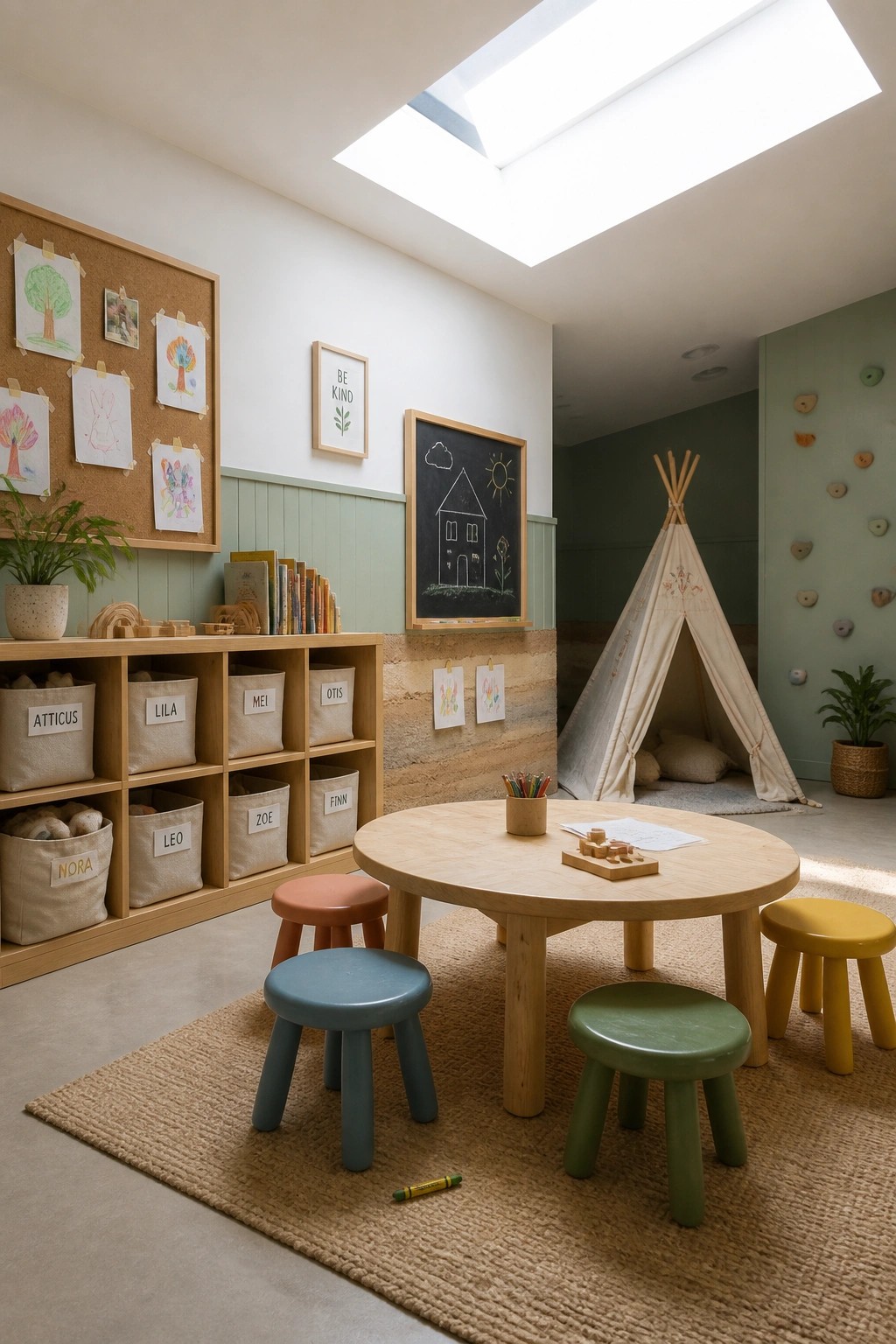 A children's playroom with a round wooden table, colorful stools on a woven rug, open storage shelves with fabric bins, a canvas teepee, and a visible section of textured rammed earth wall.