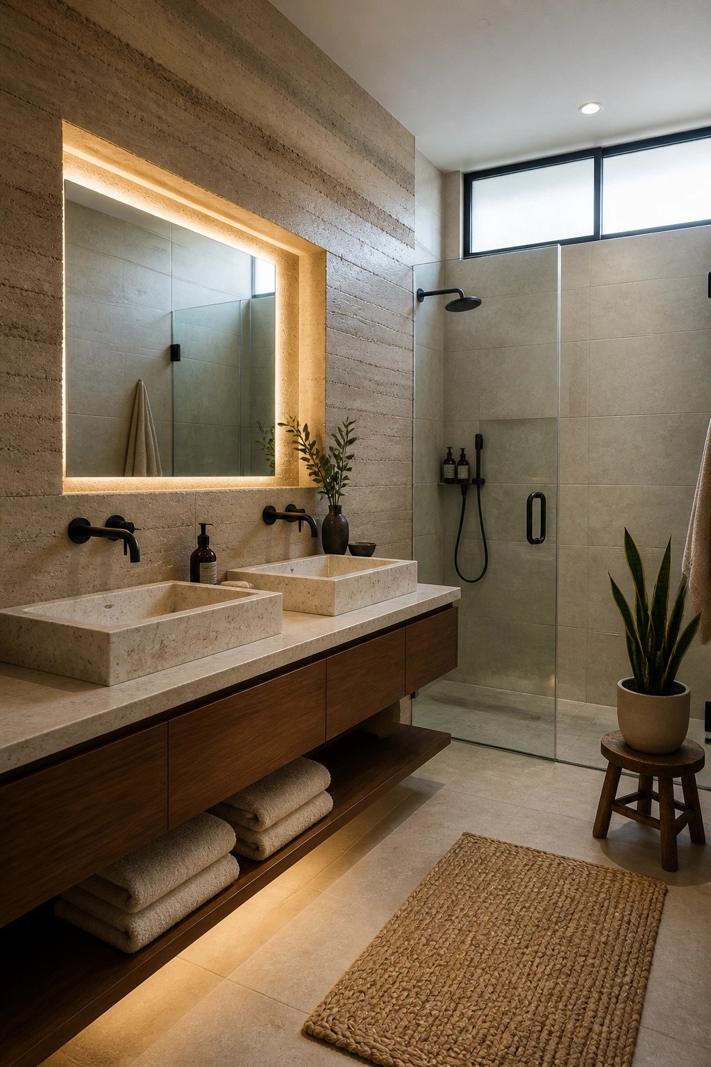 A bathroom interior with a long floating vanity, two rectangular stone sinks, and a large backlit mirror set against a textured rammed earth wall, next to a glass shower enclosure.