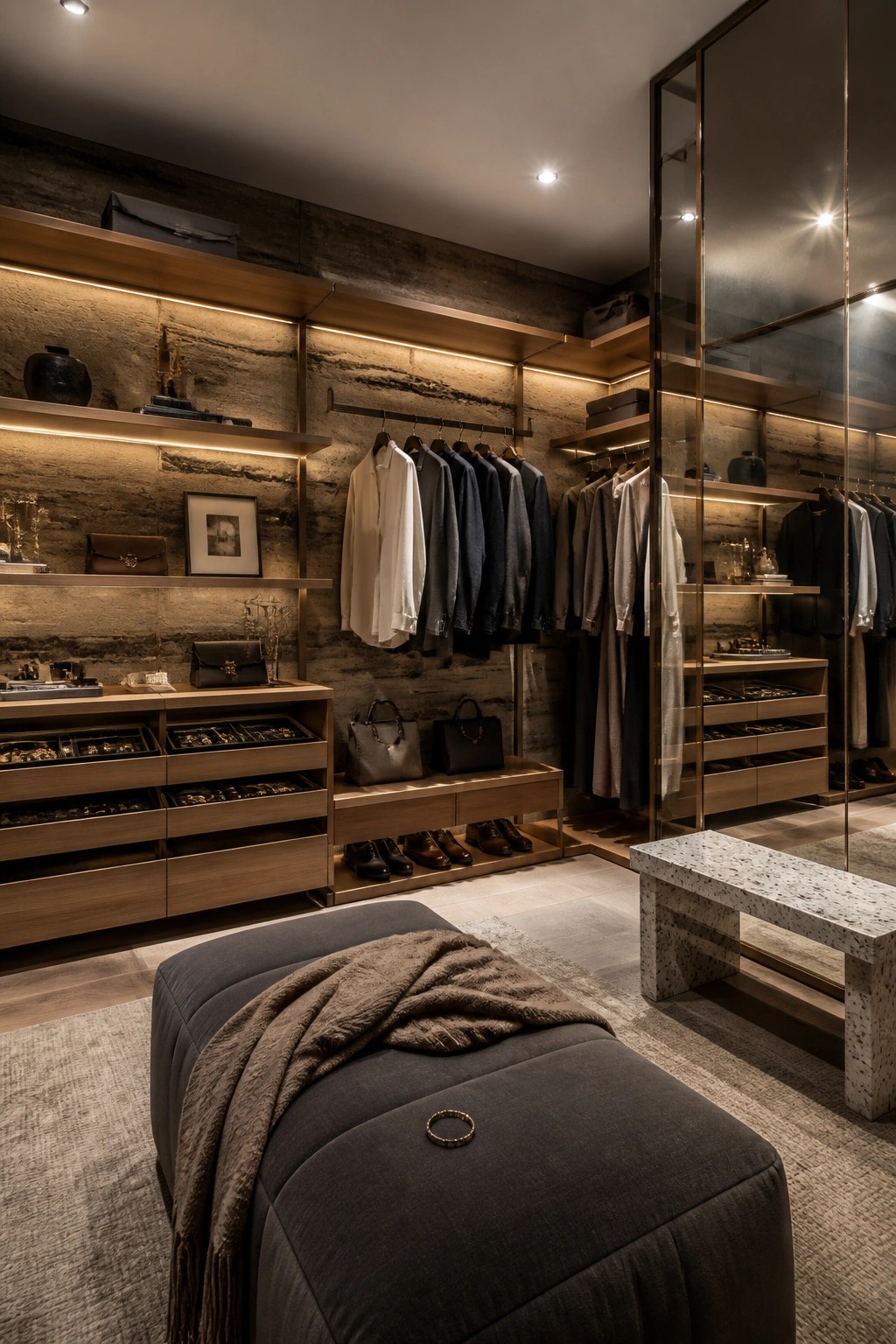 A modern walk-in closet with rammed earth walls, illuminated wooden shelves holding clothing and accessories, jewelry drawers, and a central upholstered bench.