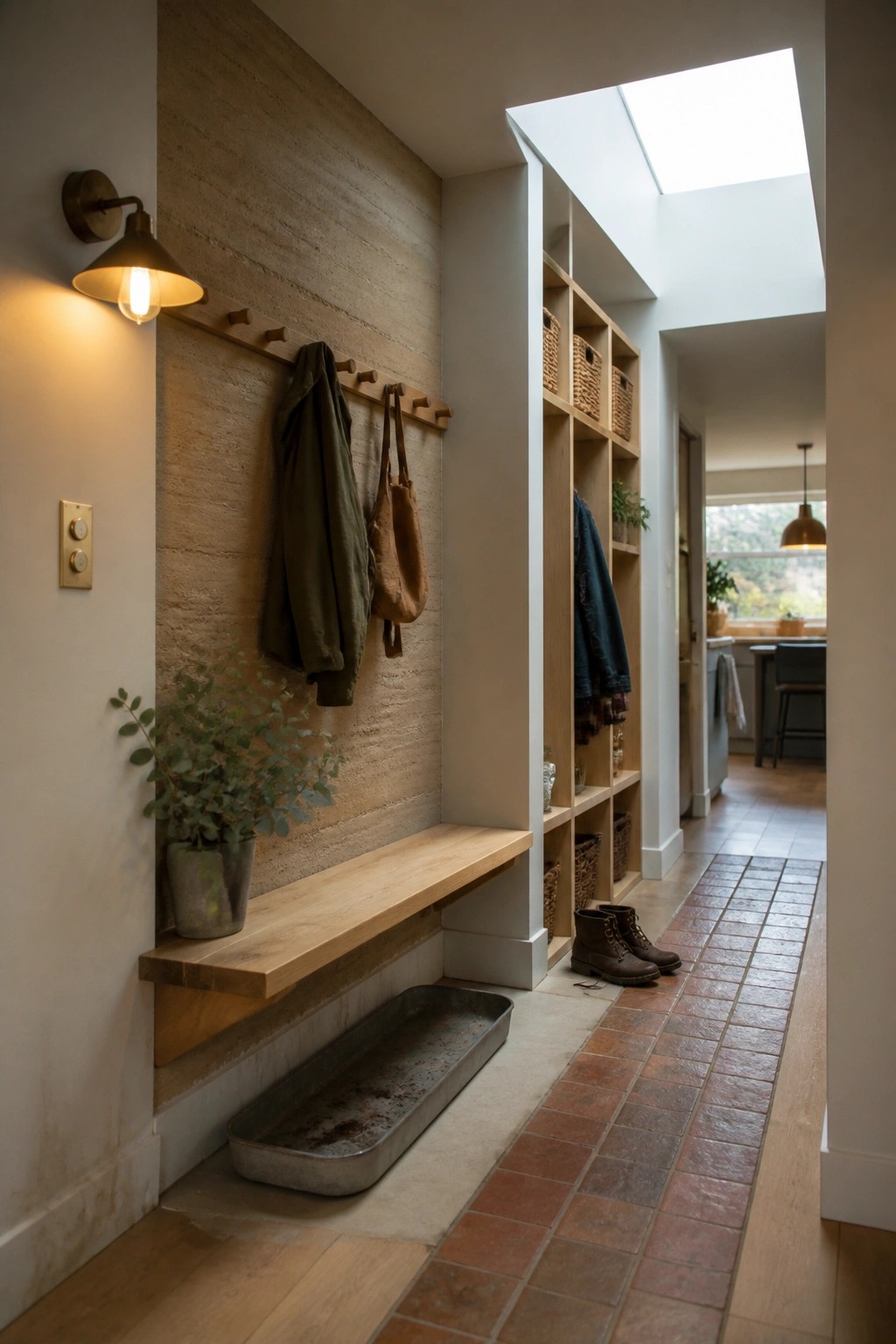 A narrow interior entryway with a textured rammed earth wall, wooden coat hooks, a floating bench, cubby storage, and a skylight overhead.