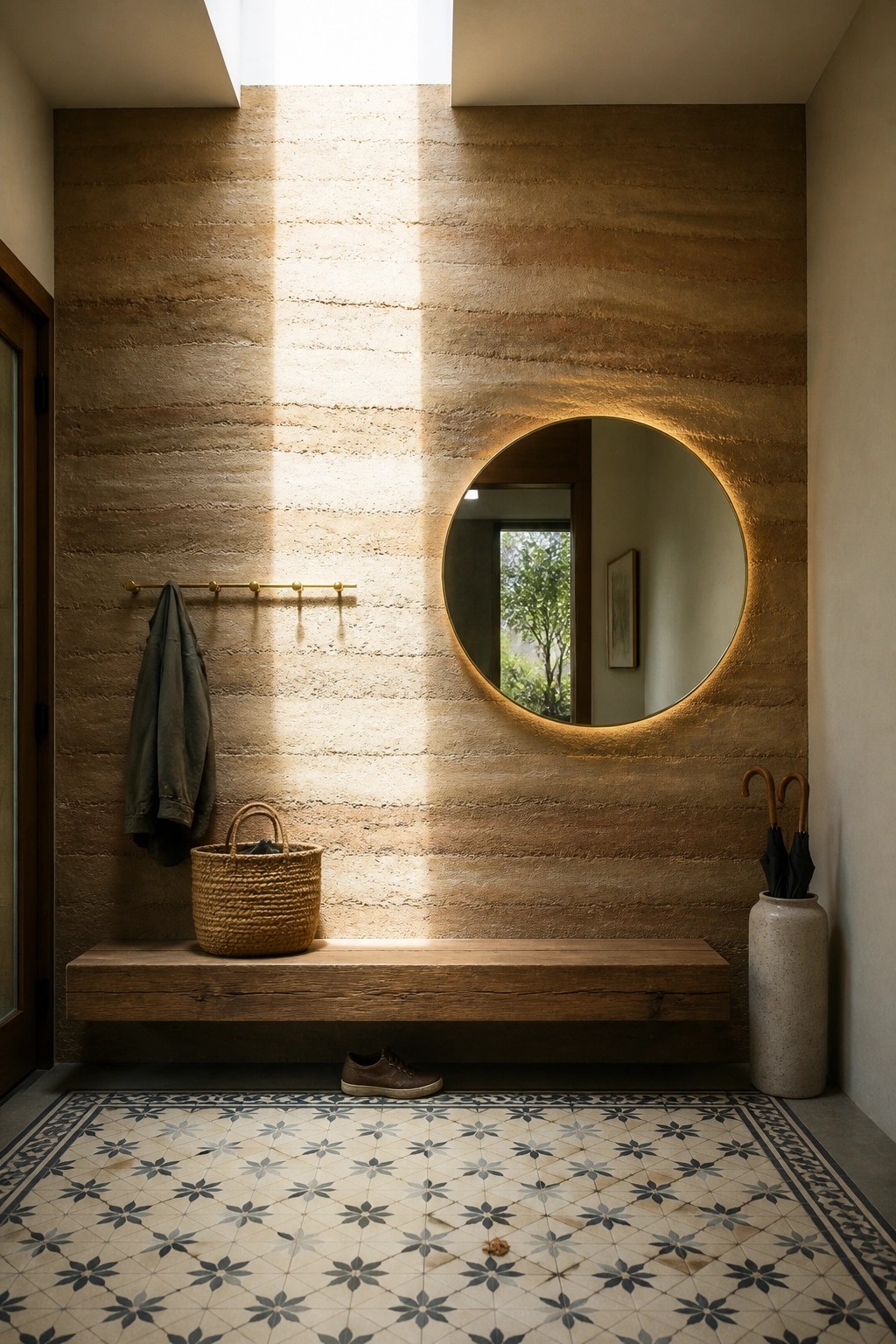 An entryway with a large textured rammed earth wall, round backlit mirror, floating wood bench, and patterned tile floor.