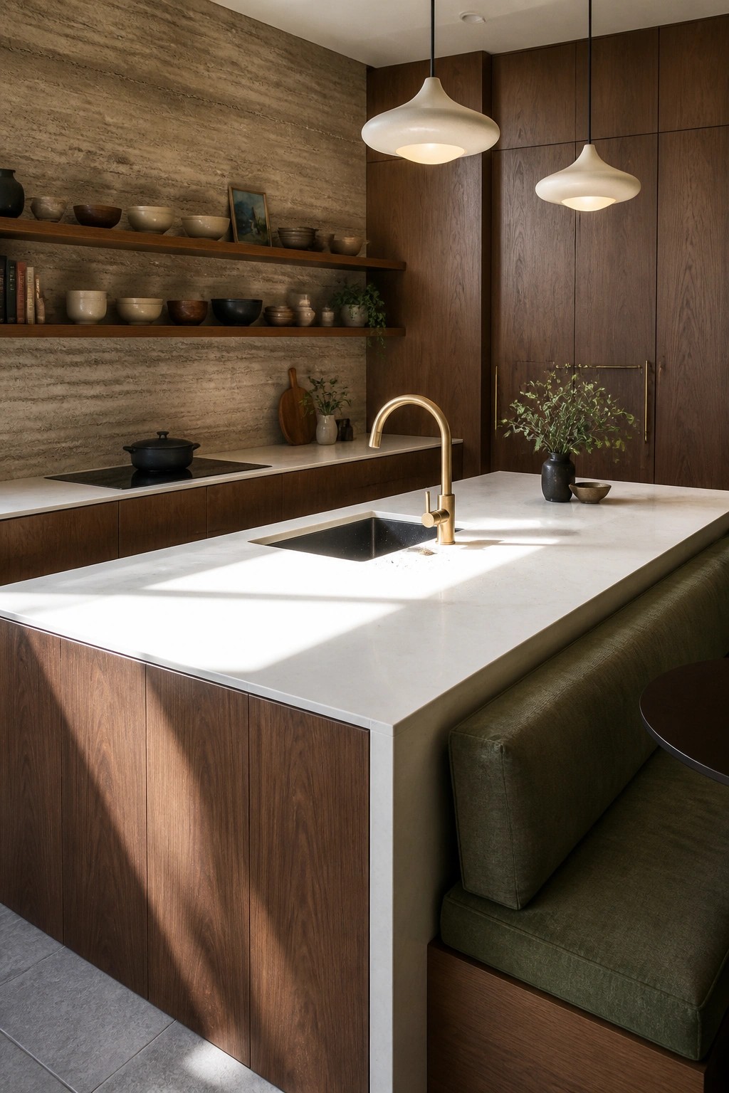 A kitchen interior with a large white island, brass faucet, dark wood cabinetry, and a textured rammed earth wall lined with floating wooden shelves holding bowls and small items.