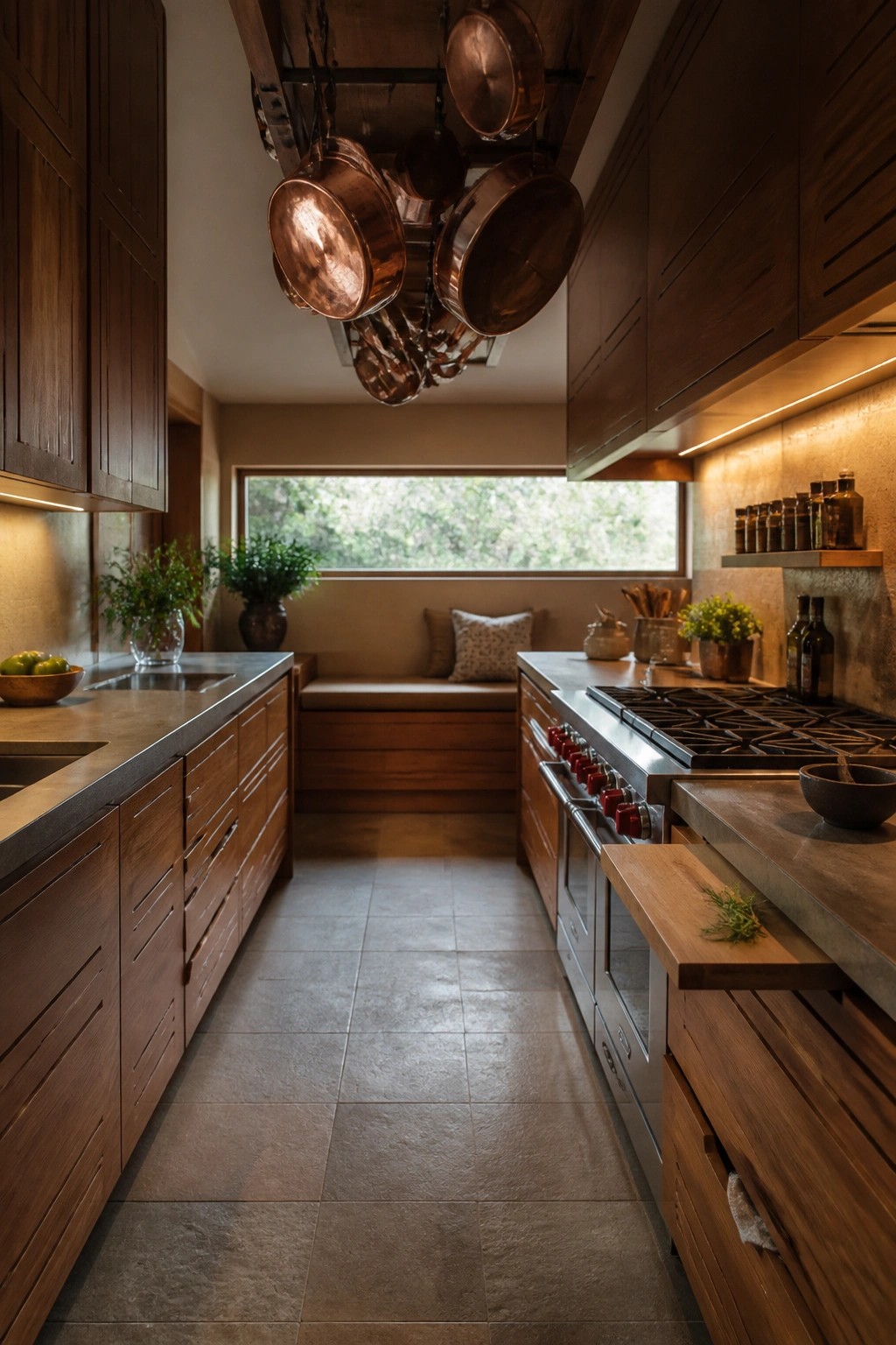 A narrow kitchen with wood cabinets, stone counters, a stainless steel range, hanging copper pots, and a built-in bench under a large window.