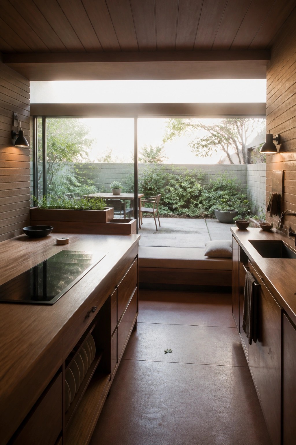 A modern kitchen with dark wood cabinets and countertops opens through large sliding glass doors to an outdoor patio with a built-in wooden bench and surrounding greenery.