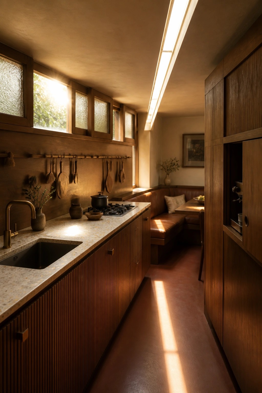 Sunlit narrow kitchen with wooden cabinets, marble counter, stove, and leather booth seating.