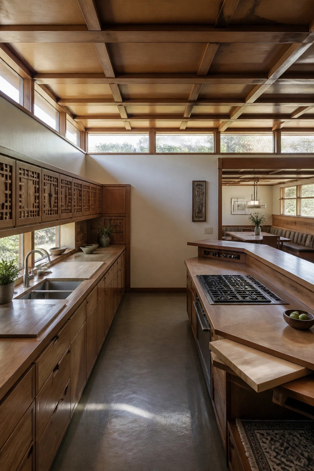 A narrow kitchen with a long wall of wooden built-in cabinets on the left and a large central wooden island with a gas cooktop.